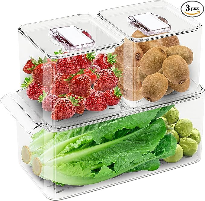 WAVELUX Produce Saver Containers for Refrigerator, Food Fruit Vegetables storage, 3 Pcs Stackable... | Amazon (US)