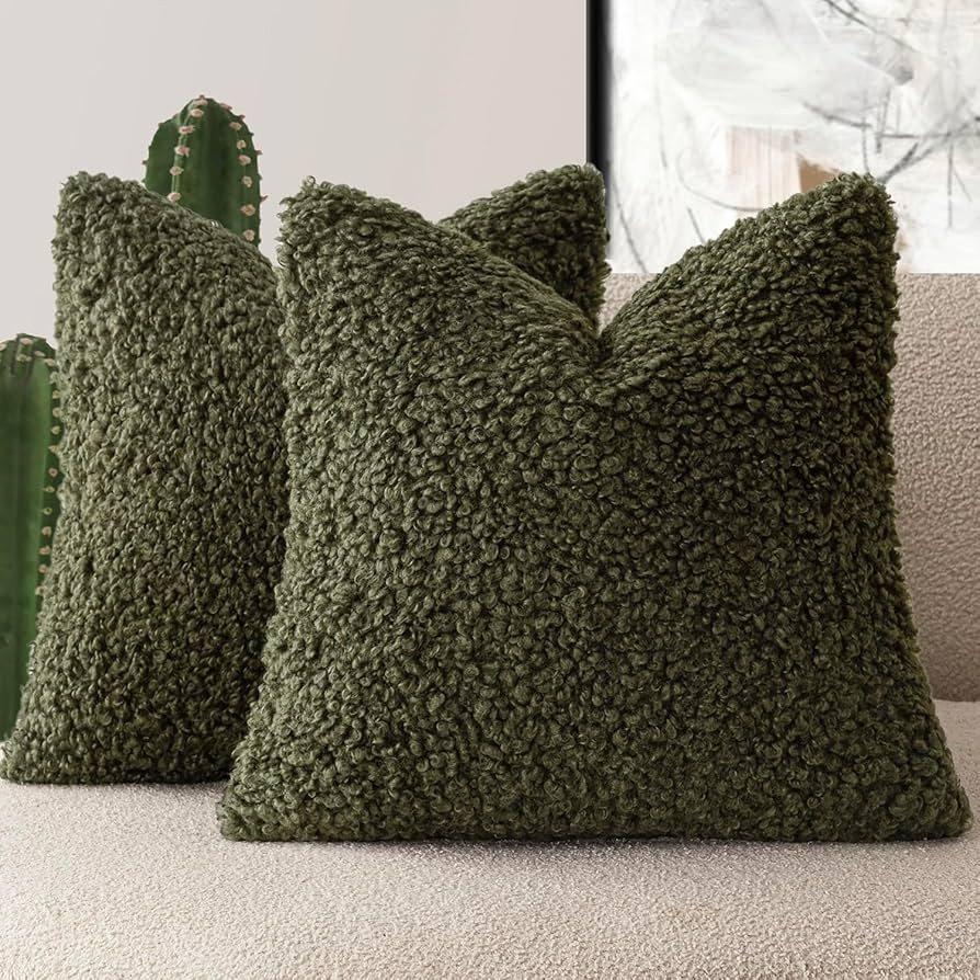 Foindtower 2 Pieces 20x20 Inch Olive Green, Faux Fur Throw Pillow Cover Accent Sherpa Furry Pillo... | Amazon (US)