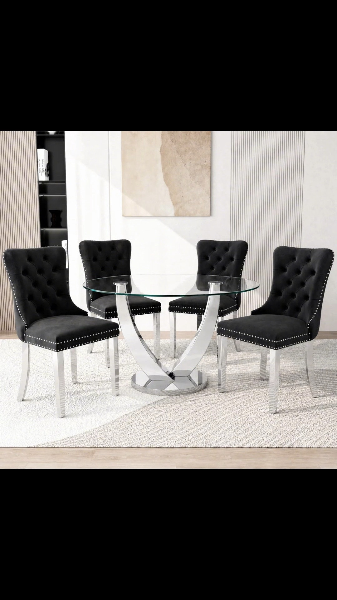 47.2" 5-Piece Modern Round Glass Dining Table Set For 4, Modern Silver Stainless Steel Base Table With Upholstered Velvet Cushioned Chairs, Space-Saving Dining Room Set For Home, Kitchen & Living Room

#LTKmomlife #LTKdayinmylife #LTKfitnessgoals