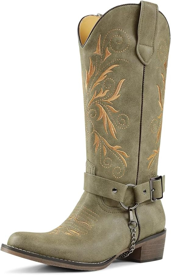 Cowboy Boots Embroidered Mid Calf Removable Belt Low Block Heel Round Toe Western Boots | Amazon (US)