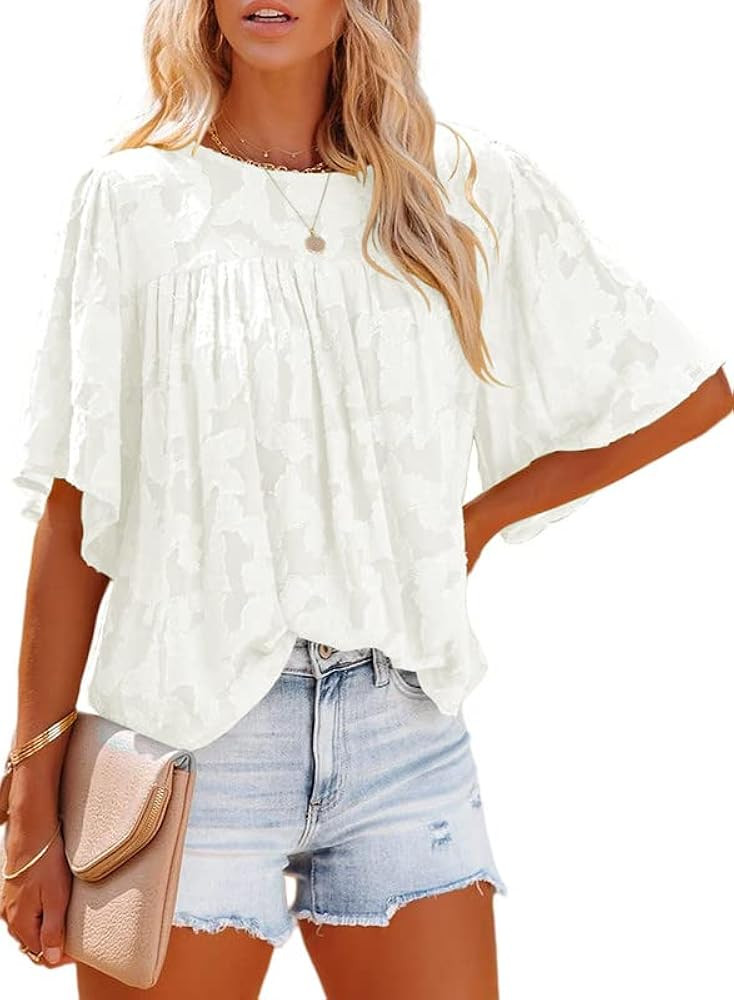 Dokotoo Womens 3/4 Bell Sleeve Blouse Summer Crewneck Lace Tops Floral Textured Babydoll Shirts | Amazon (US)