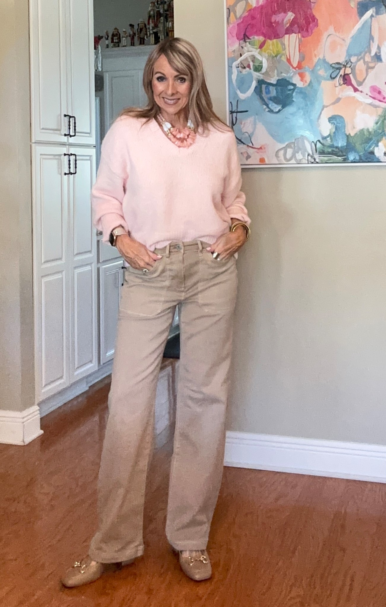 This blush pink soft and cozy sweater is a great winter wardrobe staple. Looks good with everything! The wide leg denim in light khaki is elevated but still casual. The shoes look like designer but you won’t believe the price or the quality! Size up a half size in the shoes.
#moneylook #widelegdenim 

#LTKootd #LTKSaleAlert #LTKOver40