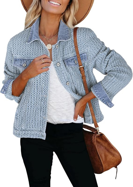 luvamia Jean Jacket Women Trendy Texture Distressed Button Down Long Sleeves Casual Trucker Denim... | Amazon (US)