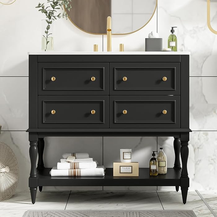 Merax Country 36" Bathroom Vanity with Ceramic Sink, 4 Drawers & Open Shelf | Amazon (US)