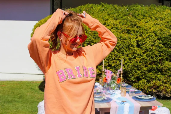 Bachelorette Sweatshirt. Varsity Bride Unisex Pullover. Gift For Bride. Chenille Patch Hot Pink a... | Etsy (US)