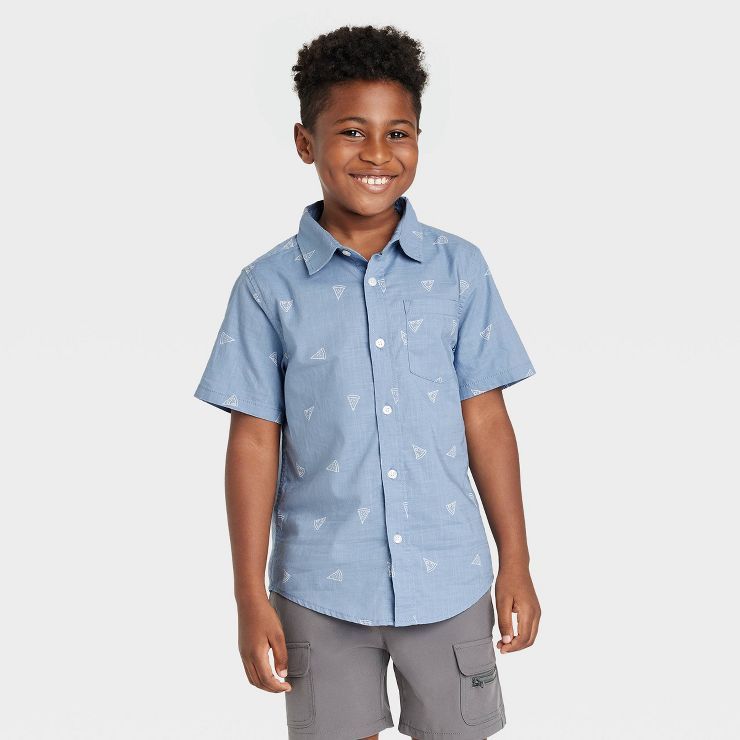 Boys' Pizza Print Chambray Short Sleeve Button-Down Woven Shirt - Cat & Jack™ Blue | Target