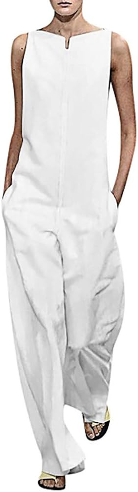Women Cotton Linen Baggy Overalls Jumpsuits Vintage Sleeveless Wide Leg Pants Rompers Loose Comfy... | Amazon (US)
