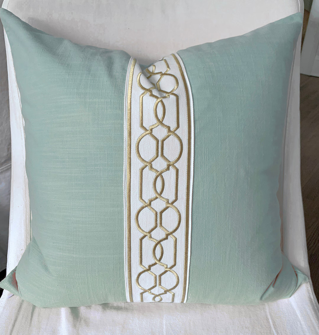 IMMEDIATE SHIP Aqua pillow with trim trimmed pillow 14x20 lumbar wide trim pillow embroidered tri... | Etsy (US)