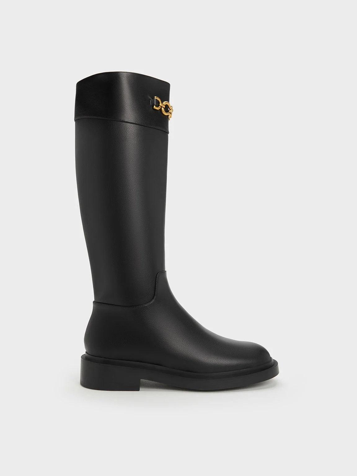 Metallic Chain Accent Knee-High Boots
 - Black | Charles & Keith UK