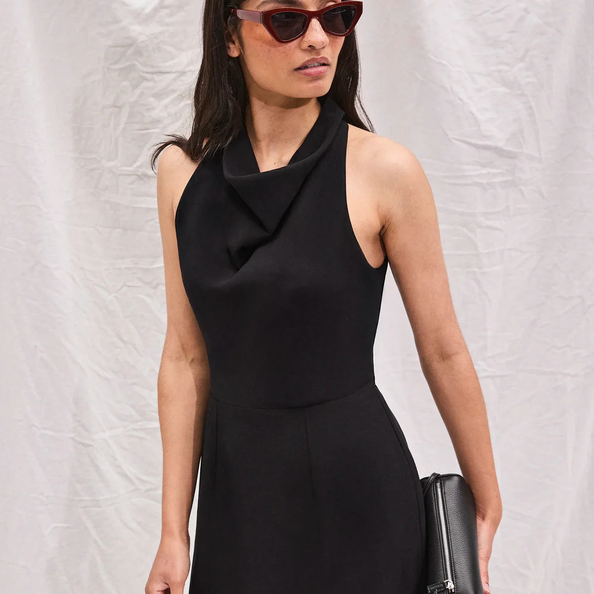 Petite Black Cowl Neck Midi Dress With Linen | Ro&Zo