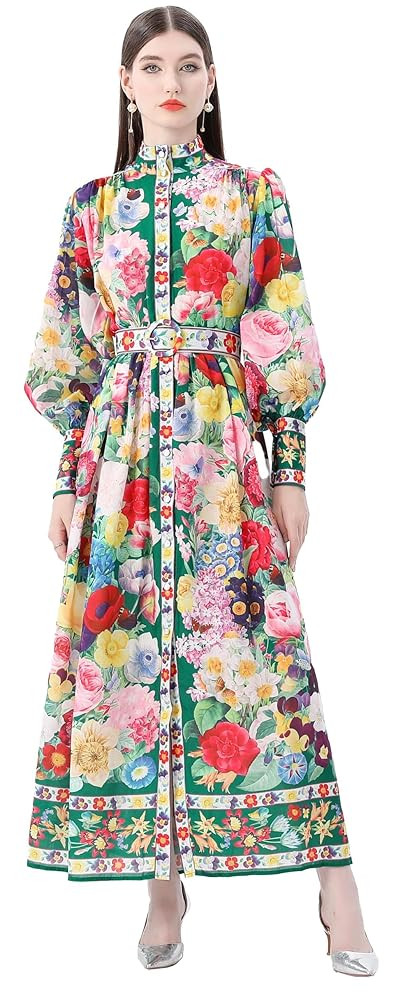 LAI MENG FIVE CATS Women's Puff Sleeves High Collar Floral Printed Buttons Front Slits Flowy Maxi... | Amazon (US)