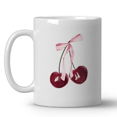 JKMBN Trendy Coquette Pink Bow Cherry Coffee Mugs, Preppy Cute Pink Ceramic Coffee Mug, Teen Girls Gifts, Cute Girly Coffee Cup, 11oz Ceramic Cup White | Amazon (US)