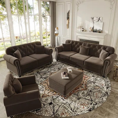 Mid-Century 4 - Piece Living Room Set, Velvet Sofa Set With Loveseat, Chair And Ottoman | Wayfair North America