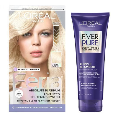 L'Oreal Paris Feria Advanced Lightening System Permanent Hair Color + 6.8 fl oz EverPure Sulfate Free Purple Shampoo for Colored Hair | Target