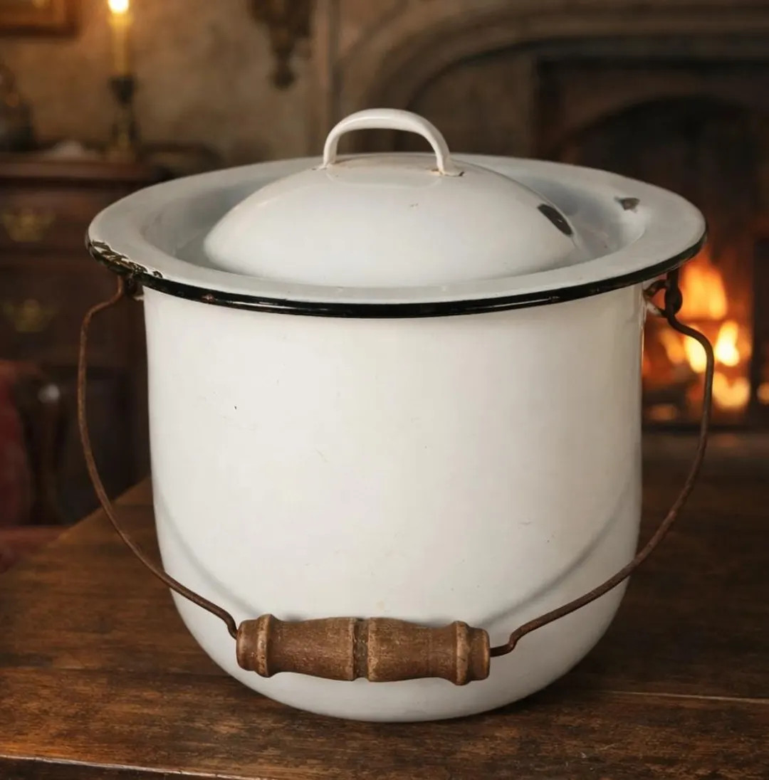 Vintage Enamelware Chamber Pot Bucket White Enamel Bail Handle Wood Grip 10 Inch Garden Planter H... | Etsy (US)
