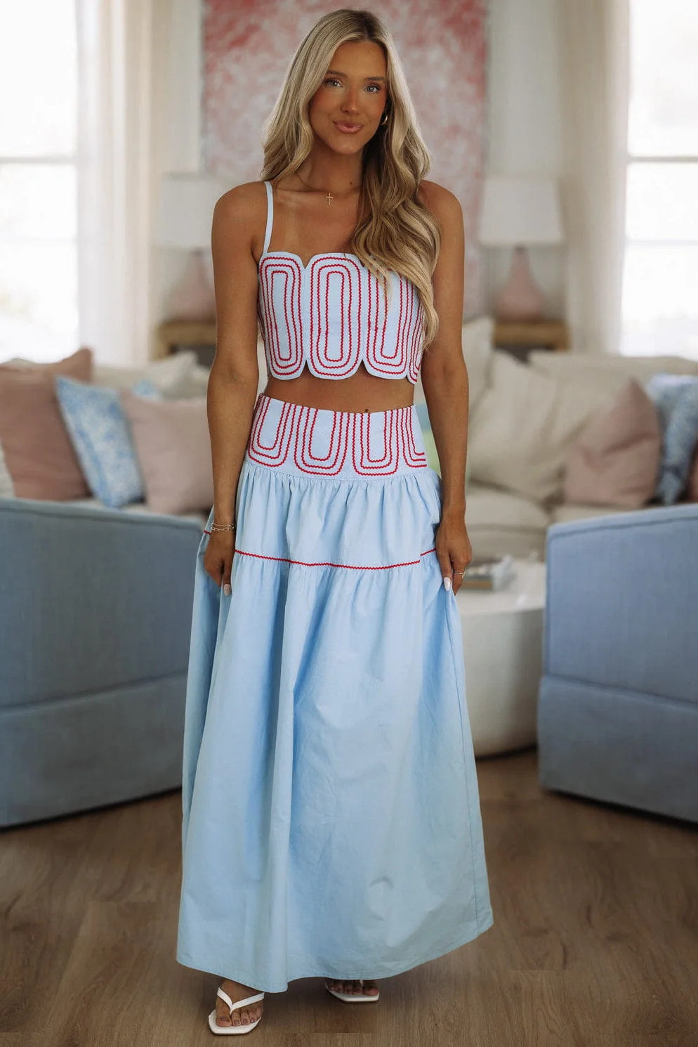 Marina Muse Crop Top and Maxi Skirt Set - Light Blue and Red | Hazel and Olive
