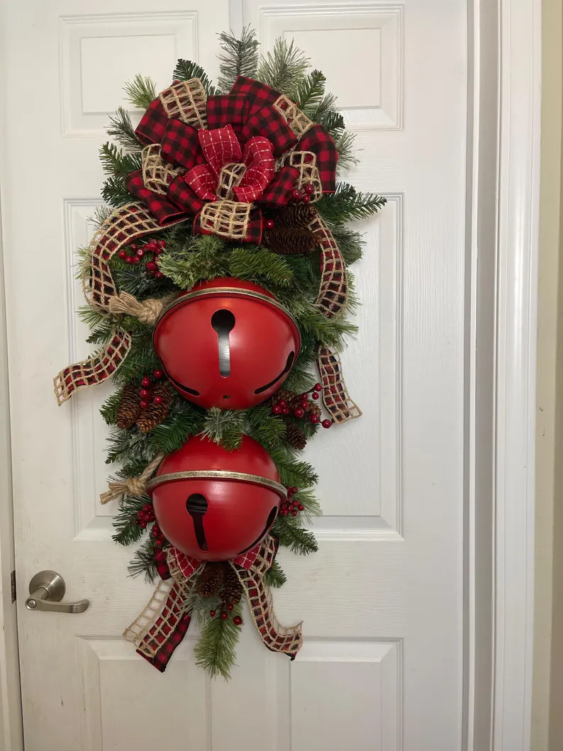 Christmas Red Black Buffalo Plaid Country Rustic Flannel Rustic Jingle Bell Teardrop Swag Front D... | Etsy (Global)