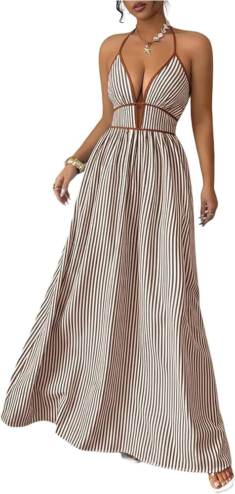 Floerns Women's Striped Halter Maxi Dress Backless Smocked Boho Dress | Amazon (US)