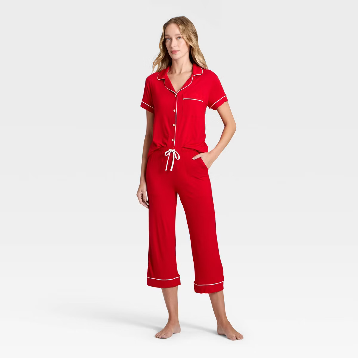 Women's Cloud Knit Modal Short Sleeve Notch Collar Top and Capri Pants Pajama Set - Auden™ | Target