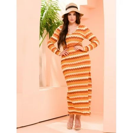 Women s Plus Striped V Neck Split Thigh Dress 47786F32112 | Walmart (US)