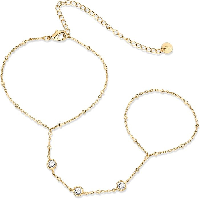 PAVOI 14K Gold Plated Hand Chains for Women - Adjustable Hand Chain Bracelet and Ring - Trendy Go... | Amazon (US)