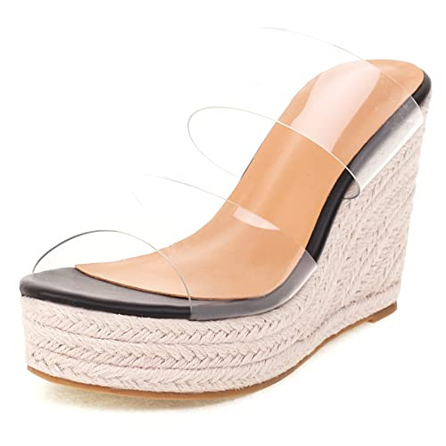 VARECOLA Women Slip On Espadrille Platform Wedge Sandals Slide Open Toe Clear Wedge High Heel Sandals Black 3 | Amazon (US)