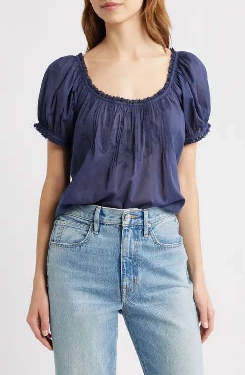 DÔEN Frederica Floral Embroidered Organic Cotton Voile Top in Adriatic at Nordstrom, Size Large | Nordstrom