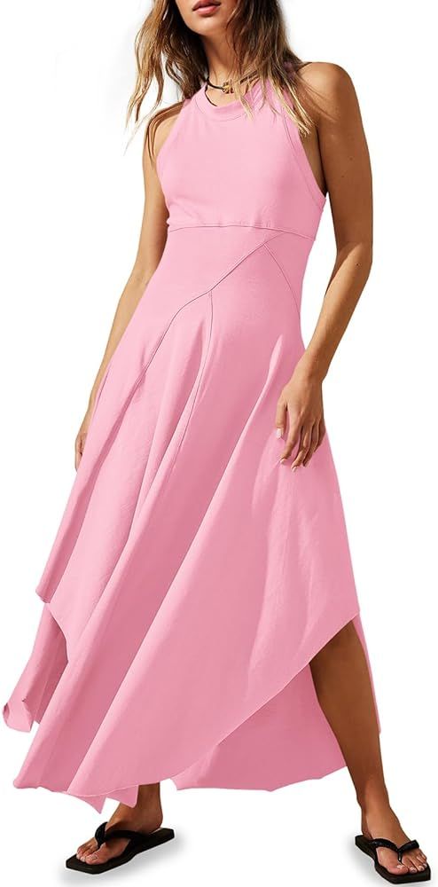 Fisoew Womens Summer Sleeveless Maxi Dress Asymmetrical Hem Crew Neck High Waist A Line Flowy Cas... | Amazon (US)