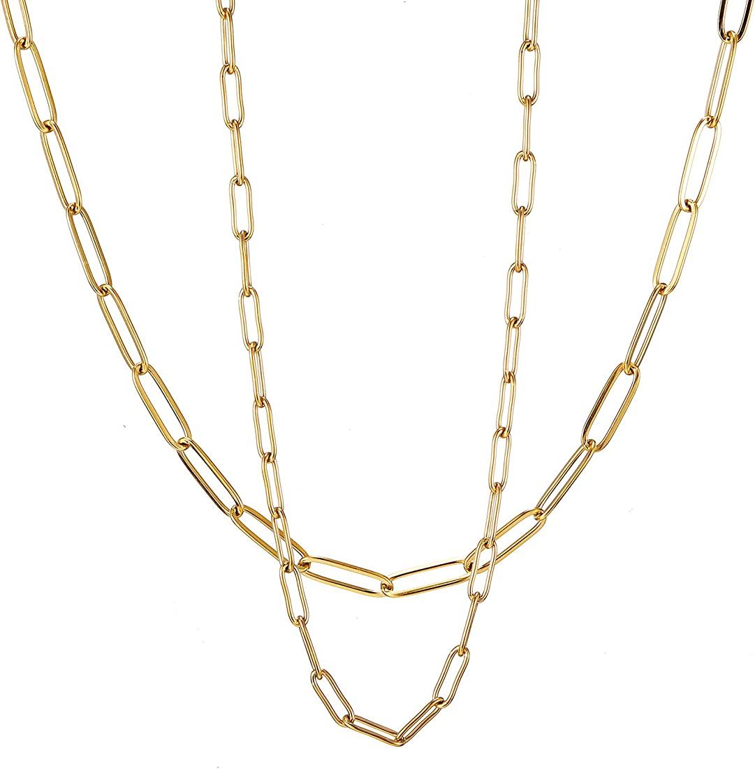 RWQIAN 18k Gold Paperclip Chain Link Necklace Dainty Paperclip Link Chain Layered Necklace Oval L... | Amazon (US)
