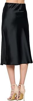 Women Solid High Waist Silky Casual Elastic Satin Midi Skirt - Made in USA (Available in Plus Siz... | Amazon (US)