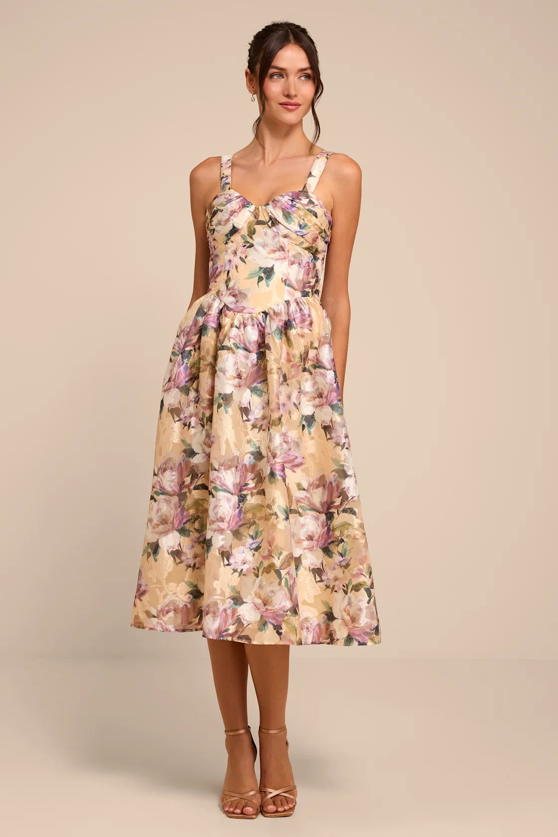 Kathani Light Yellow Floral Jacquard Bustier Midi Dress | Lulus