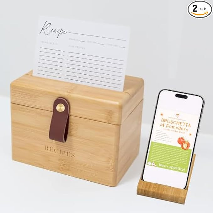 Modern Wooden Recipe Box with Dividers | Recipe Cards and Box Set With Phone Stand | 50 Spacious ... | Amazon (US)