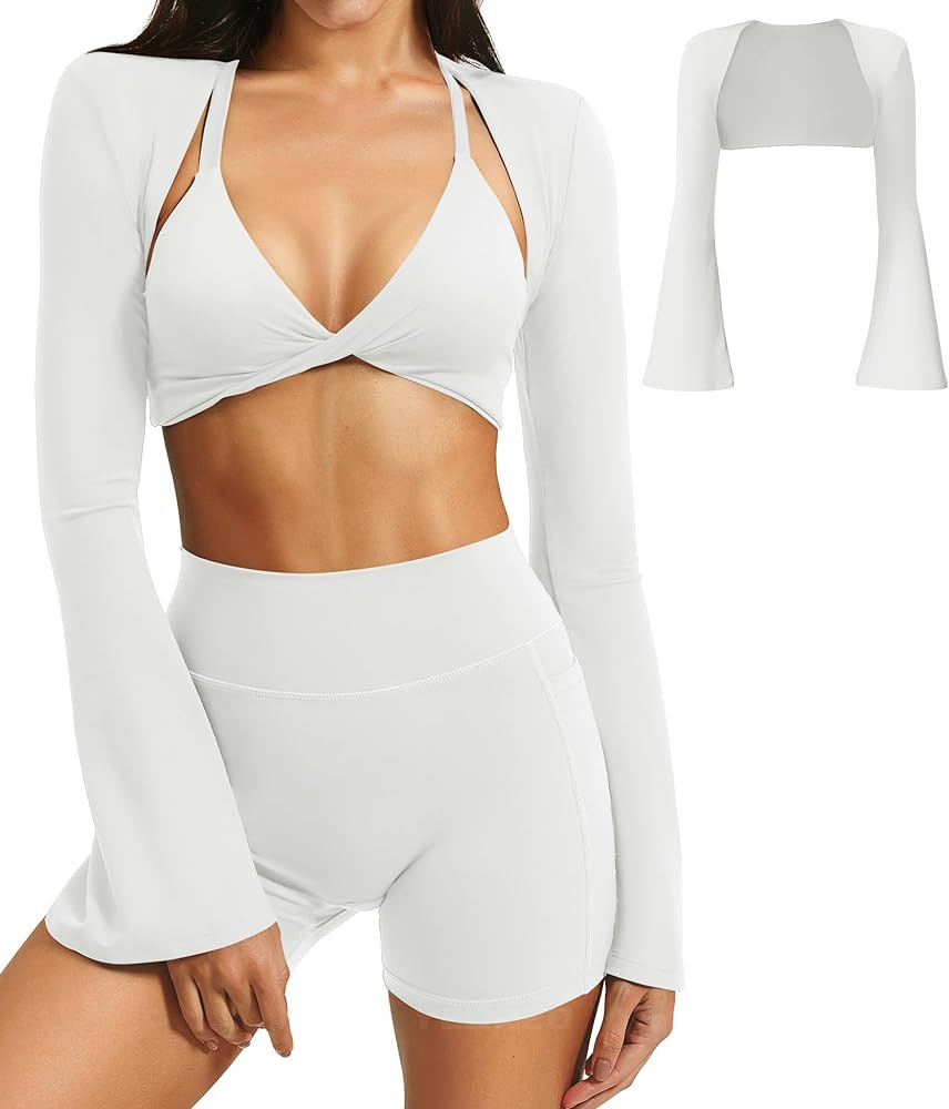 YEOREO Women Crop Top Long Sleeve Bolero Open Front Workout Bell Sleeve Cropped Shirts Sports Shr... | Amazon (US)