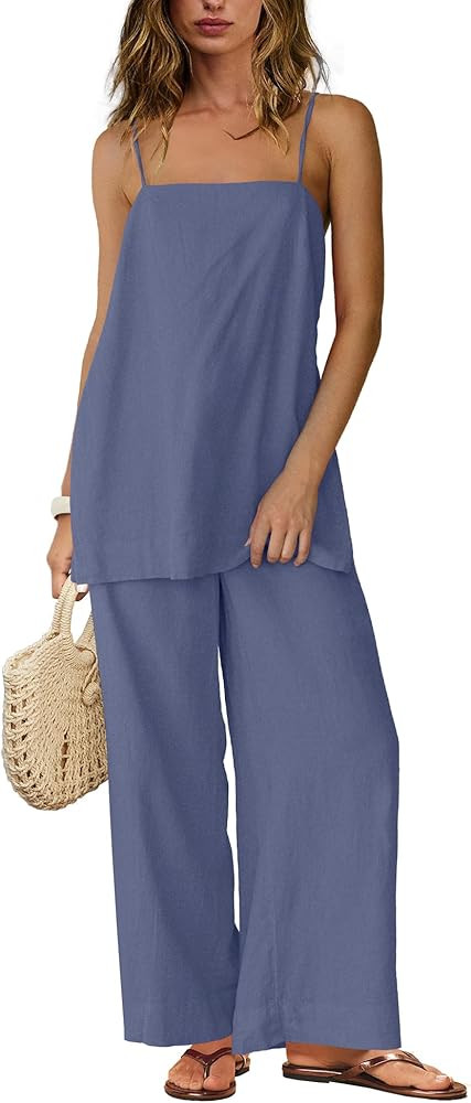 Yanekop Linen Sets for Women 2 Piece Pants Summer Outfits Matching Lounge Sets Spaghetti Strap Ta... | Amazon (US)
