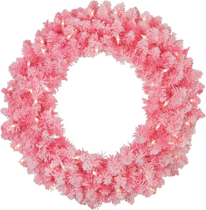 Pre-Lit Flocked Pink Artificial Christmas Wreath - 24-Inch, Clear Lights | Amazon (US)