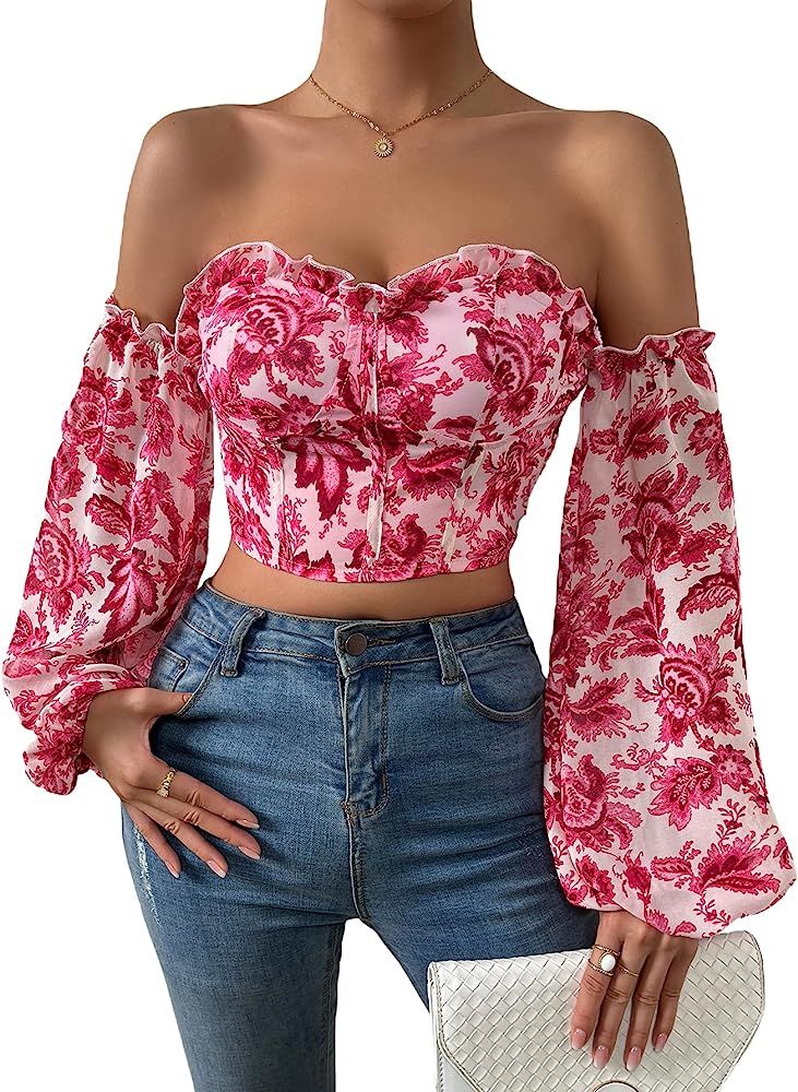 OYOANGLE Women's Floral Print Ruffle Elegant Off Shoulder Bishop Sleeve Frill Trim Casual Crop Bl... | Amazon (US)