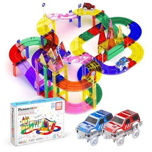 PicassoTiles 80pc Race Car Track Magnetic Tiles Building Block Educational Toy with 2 Light Up Cars Kids Toddler Toys Magnets Tile STEM Learning Construction Tracks for Fine Motor Skill Training PTR80 | Amazon (US)