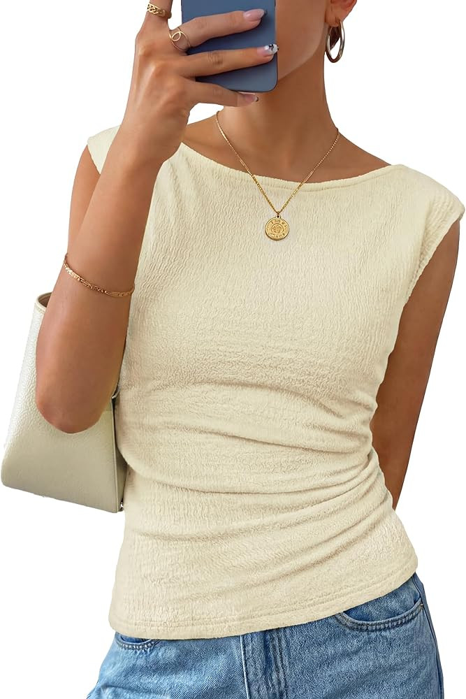 ZESICA Women's Summer Ruched Trendy Tank Top 2026 Cap Sleeve Boat Neck Slim Fit Spring Tops Going... | Amazon (US)