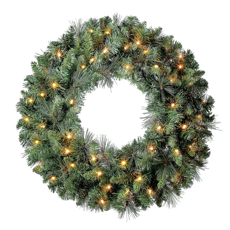 Holiday Time 24” Pre-Lit Scottsdale Pine Artificial Christmas Wreath, Clear LED Lights | Walmart (US)