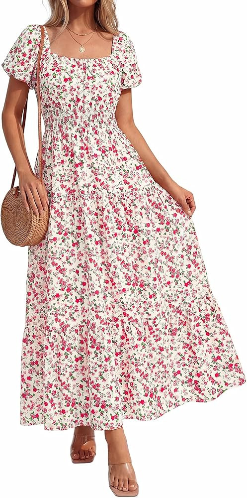 BTFBM Summer Dress for Women 2026 Spring Floral Short Sleeve Casual Flowy A-Line Smocked Tiered M... | Amazon (US)