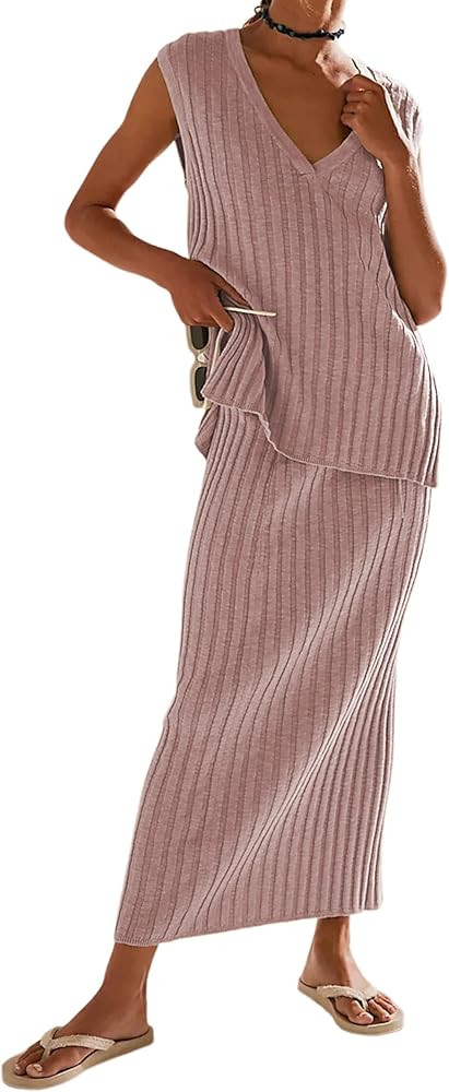 SCUSTY Women's 2 Piece Sweater Skirt Sets Sleeveless V Neck Knit Ribbed Vest Tops Midi Skirt | Amazon (US)