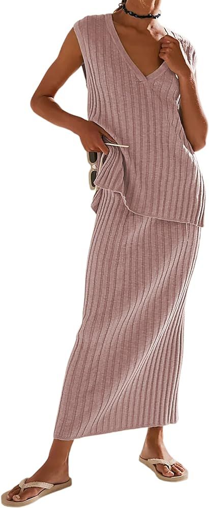 SCUSTY Women's 2 Piece Sweater Skirt Sets Sleeveless V Neck Knit Ribbed Vest Tops Midi Skirt | Amazon (US)