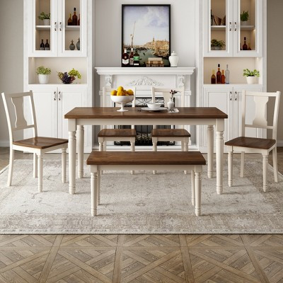 6-Piece Dining Table Set Dining Set with 4 Chairs with Bench,  Classic Retro Style, Brown+Cottage White-HABITRIO | Target
