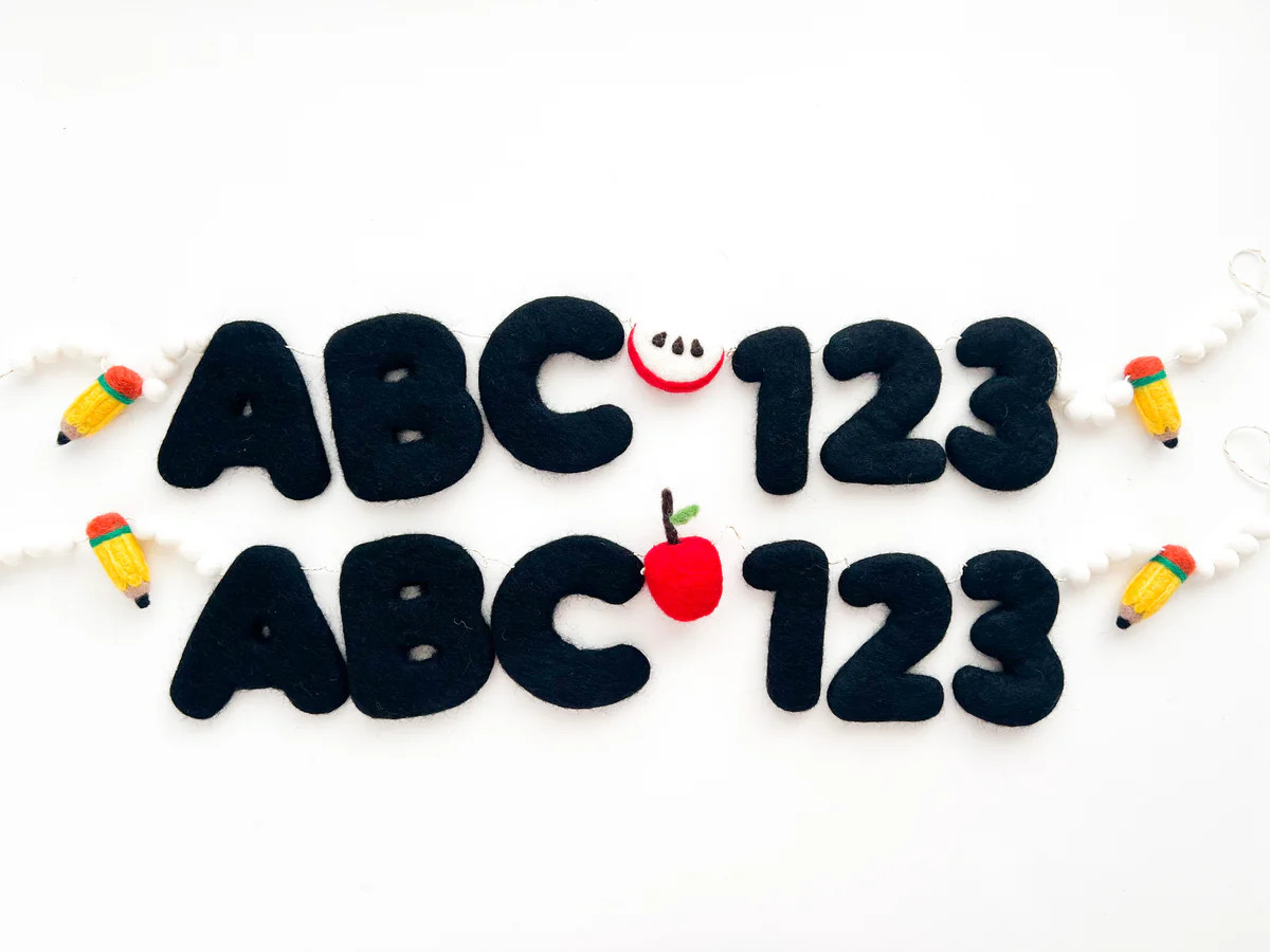 Black ABC 123 Felt Letter Garland w/ Mini Apples & Pencils - Back to S | Pearl & Jane