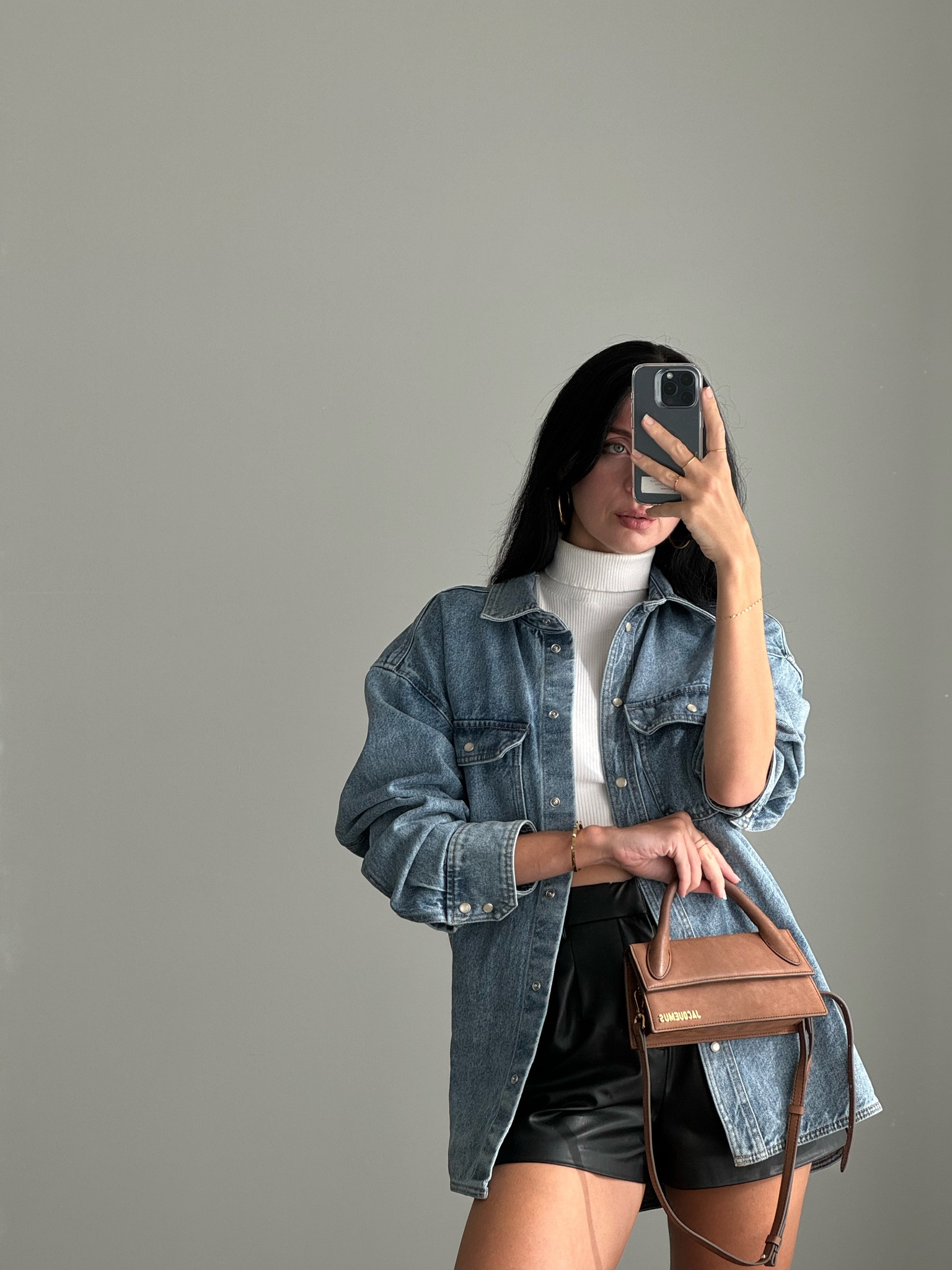 Casual outfit idea. 
Wearing size M in denim shirt, 
size s in white top, 
size xs in leather shorts. 
#denimshirt #leathershorts #casualoutfit 


#LTKstyletip #LTKSeasonal