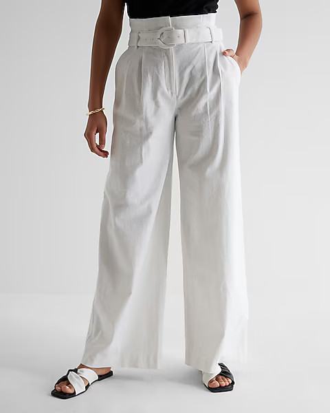 Super High Waisted Linen-blend Belted Paperbag Wide Leg Pant | Express