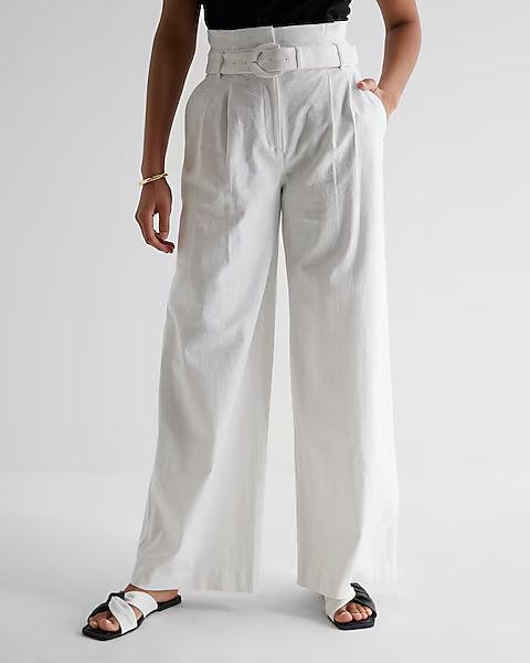 Super High Waisted Linen-blend Belted Paperbag Wide Leg Pant | Express