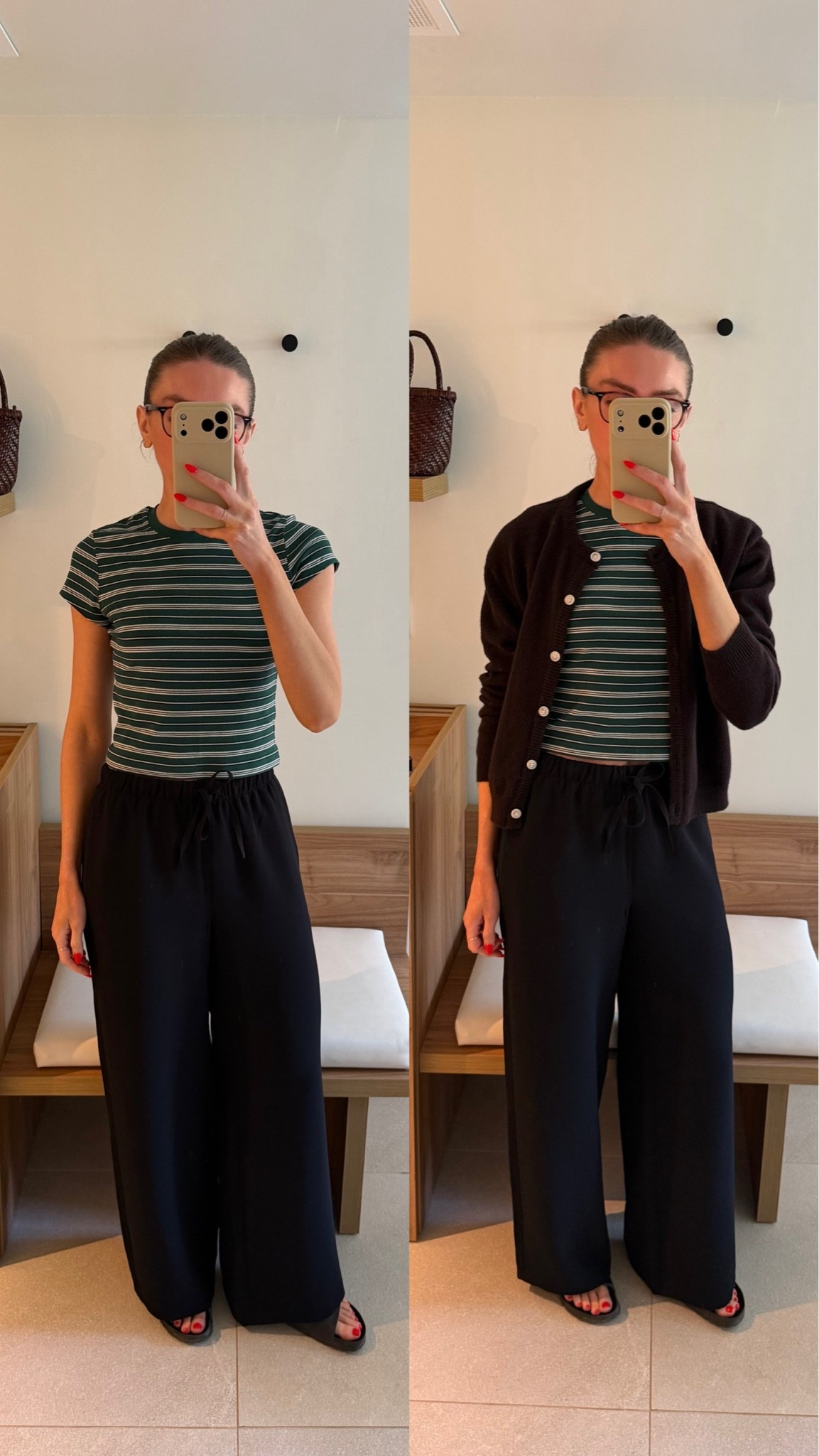 Small in the UNIqlo green striped t-shirt
Small reg in the Aritzia the lodge pants
Exact cardigan is from the gather, I can’t link on here https://thegather.shop/discount/EmilyJ15 
Use ‘EmilyJ15’ for 15% off 
But info ⬆️ I’ve linked similar 
Birkenstock sandals