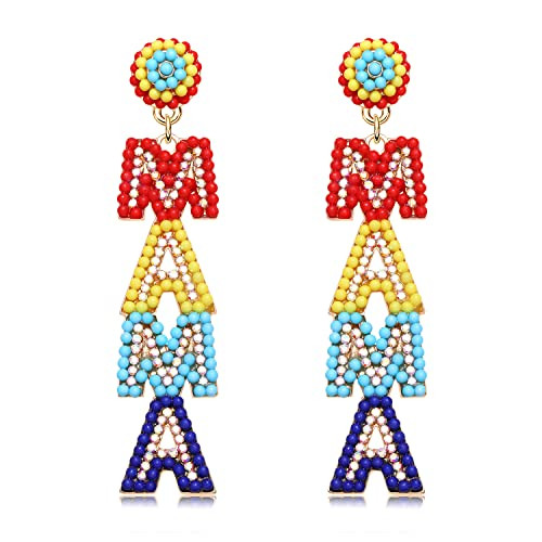 MAMA Earrings Cute MAMA Letter Beaded Dangling Earrings Hypoallergenic Long Statement Rhinestone Dangle Earrings Jewelry Fun Mother’s Day Gift for Mom Grandmother from Daughter (colored MAMA earrings) | Amazon (US)
