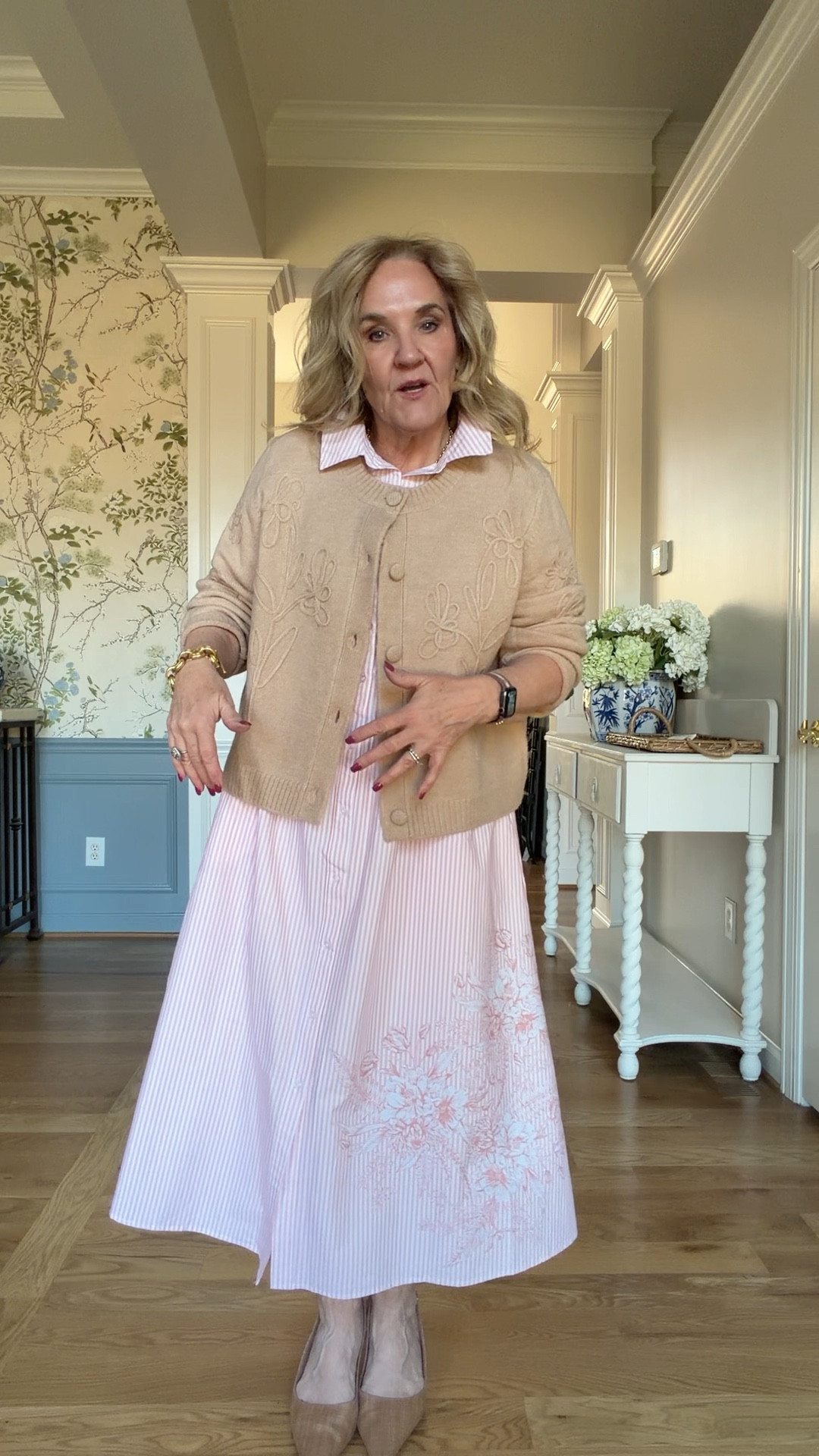 Neutral cardigan a bit oversized in a medium 
Sweetest pink stripe cotton dress size medium 
Perfect outfit for chilly spring 

#LTKSeasonal #LTKSaleAlert #LTKOver40